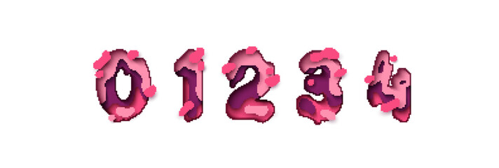 Paper cut number zero, one, two, three, four, figure 0, 1, 2, 3, 4. Design 3d sign isolated on white background. Alphabet font of melting liquid.