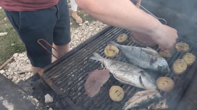 cooking fish on camp fire bbq place