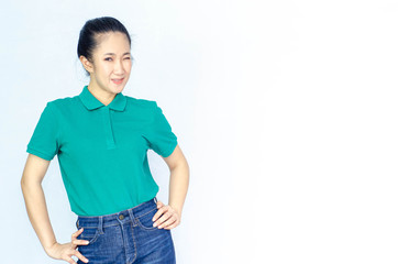 Fototapeta na wymiar Asian women in a green shirt. she smiled and held several brown boxes at the same time isolated white background.Women send parcels.