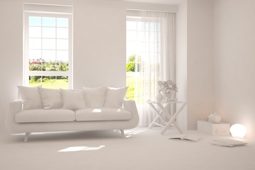 Mock up of stylish room in white color with sofa and green landscape in window. Scandinavian interior design. 3D illustration