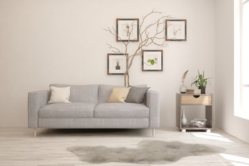 Stylish room in white color with sofa. Scandinavian interior design. 3D illustration