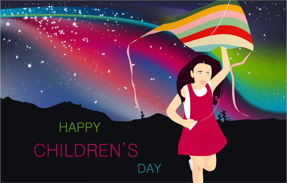 Happy International Children's Day banner with text, girl playing kite