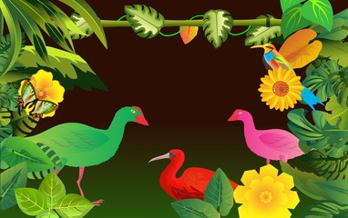 Obraz na płótnie Canvas vector jungle theme illustration with birds, exotic plants. Bird in background, Tropical floral frame with black sky. Design template