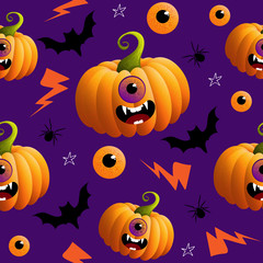 Materiał do szycia Seamless pattern with hand drawn doodle halloweens element on purple backgound. Halloween theme.