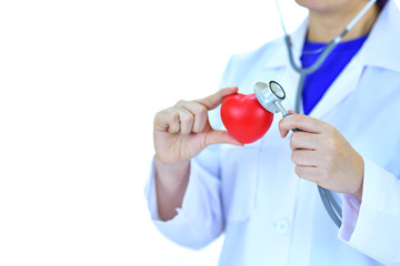 Cardiologist holding heart in hand, heart care concept, white background