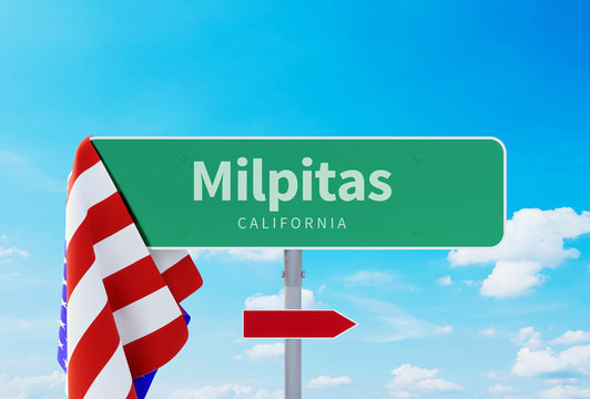 Milpitas &ndash; California. Road or Town Sign. Flag of the united states. Blue Sky. Red arrow shows the direction in the city. 3d rendering