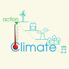 Action to reduce global warming and climate change infographic. Graph moving down as a gimmick representing sustainable solutions. Vector illustration outline flat design style.