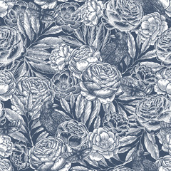 Raven and peonies dark seamless pattern. Engraved style. Vector illustration