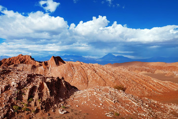 View of the Mars Valley near San Pedro de Atacama against a blue dramatic sky.