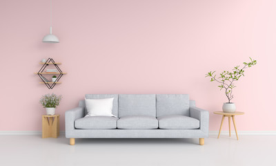 Gray sofa in pink living room, 3D rendering