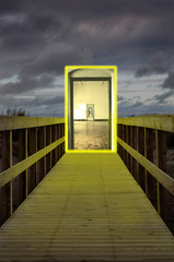 Dimensional door. yellow light cluster. catwalk