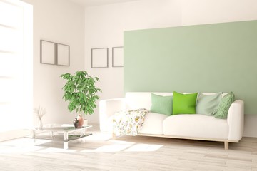 Fototapeta premium Stylish room in white color with sofa. Scandinavian interior design. 3D illustration