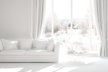 Mock up of stylish room in white color with sofa and winter landscape in window. Scandinavian interior design. 3D illustration