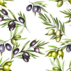 Seamless pattern with ripe black and green olives on white. Hand draw watercolor illustration.