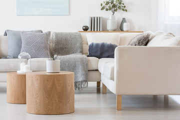 Candle and plant in grey concrete pot on wooden coffee tables in front of scandinavian designed sofa