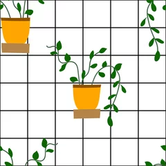 Fototapete Pflanzen in Töpfen Nahtloses Muster des netten Vektors mit Pflanzen in den Töpfen auf dem Zellengitterhintergrund. Für Textilien, Tapeten, Designerpapier etc.