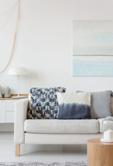 Close-up of bright living room woth sofa and blue painting