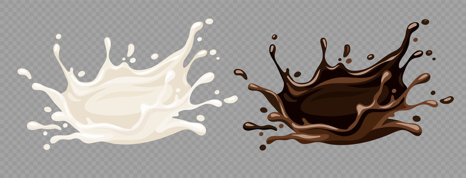 Milk yoghurt and chocolate food splashes. Spray and drops of simple of sweet liquids Isolated on transparent grid background. Eps10 vector illustration.