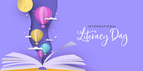 Literacy Day open book papercut hot air balloon
