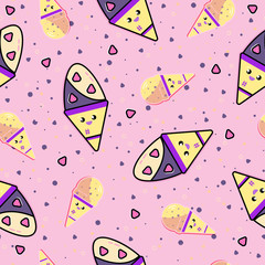 Seamless pattern with funny kawaii ice cream cone character isolated on pink background with blueberries. Endless texure cute emoji cartoon dessert with smiling face and big eyes. illustration