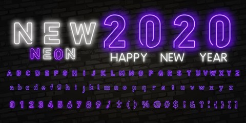 Neon sign happy new year 2020 on a dark background with bright alphabets. Can be used for greeting card, invitation and other. Vector illustration.