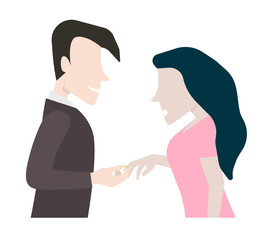 Man giving a wedding engagement ring to his girlfriend and puting it on her finger. Flat style vector illustration.