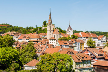 Stadt Baden, katholische Kirche, Stadtturm, Altstadt, Schlossberg, Ruine, Altstadthäuser, Aargau, Sommer, Schweiz	