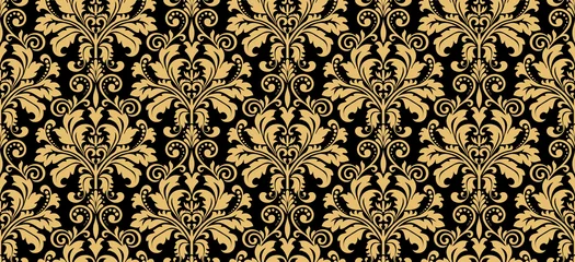 Sierkussen Behang in de stijl van de barok. Naadloze vectorachtergrond. Goud en zwart bloemenornament. Grafisch patroon voor stof, behang, verpakking. Sierlijk damast bloemornament © ELENA