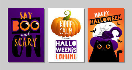 Vector illustrations with black cat. Halloween poster designs with symbols and calligraphy.