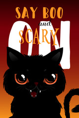 Halloween card, vector illustrations with lettering and black cat. Sale banner, wallpaper, flyer, invitation, poster, brochure, voucher discount, ticket design. Spooky night