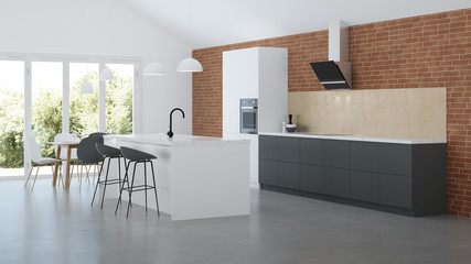 The interior of the kitchen in a private house. White - gray Scandinavian style kitchen. 3D rendering.