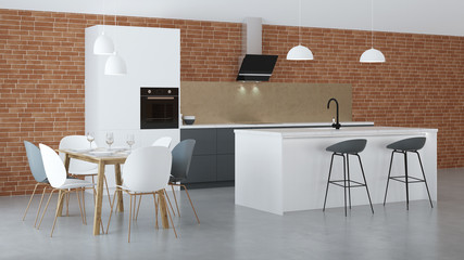 The interior of the kitchen in a private house. White - gray Scandinavian style kitchen. 3D rendering.