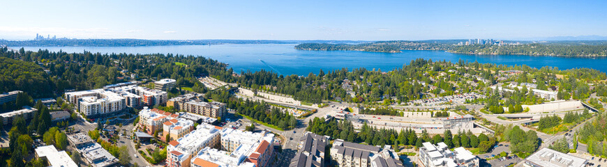 Mercer Island Lake Washington Aerial View Summer Sunny Day Bellevue and Seattle in the Distance