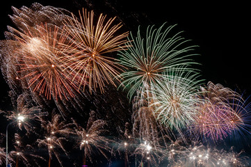 Colorful fireworks. Long exposure. Celebration and anniversary concept.