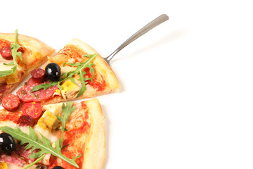 Pizza shovel and tasty pizza isolated on white background