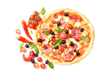 Delicious pizza and ingredients isolated on white background. Flat lay