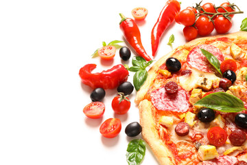 Delicious pizza and ingredients isolated on white background, close up