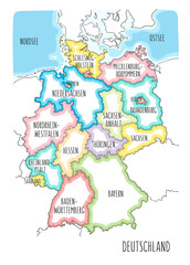 Illustrated map of Germany with labels. Vector, colorful hand drawn style.