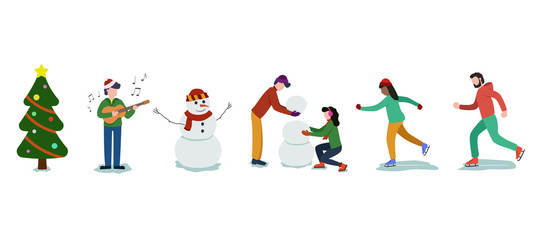 People are relaxing outdoors in the white winter parks,winter season pattern featuring christmas holidays outdoor activities,child making snowman,decorate christmas tree,beautiful vector illustration.