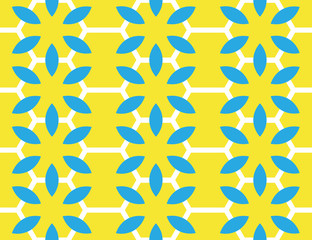 Vector seamless geometric pattern. Shaped white hexagons, blue flowers on yellow background.