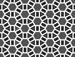 Vector seamless geometric pattern. Shaped hexagons, triangles and rectangles in grey, white, black colors.