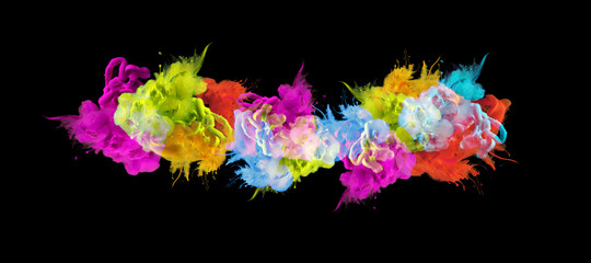 Acrylic colors in water. Ink blot.  Abstract black background.