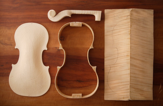 Germany, Upper Bavaria, Schaeftlarn, Shapes of violin on work bench