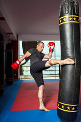 Fighter kicking heavy bag