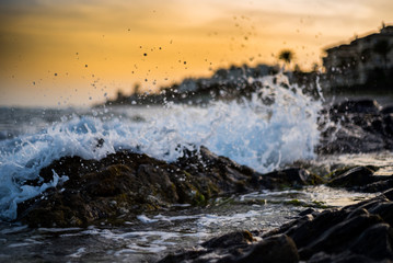 sunset on marbella beach with the mediterranean sea