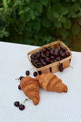 ripe cherries in a basket with croissants on a table in the spring garden
