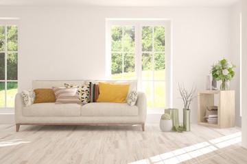 Stylish room in white color with sofa and summer landscape in window. Scandinavian interior design. 3D illustration