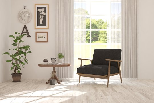 Mock up of stylish room in white color with armchair and green landscape in window. Scandinavian interior design. 3D illustration