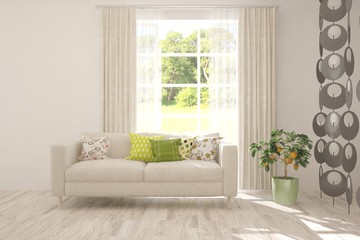 Fototapeta na wymiar Stylish room in white color with sofa and summer landscape in window. Scandinavian interior design. 3D illustration