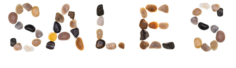 Word SALES handmade with stones (boulders). Collection words with stones. Isolated on white background.